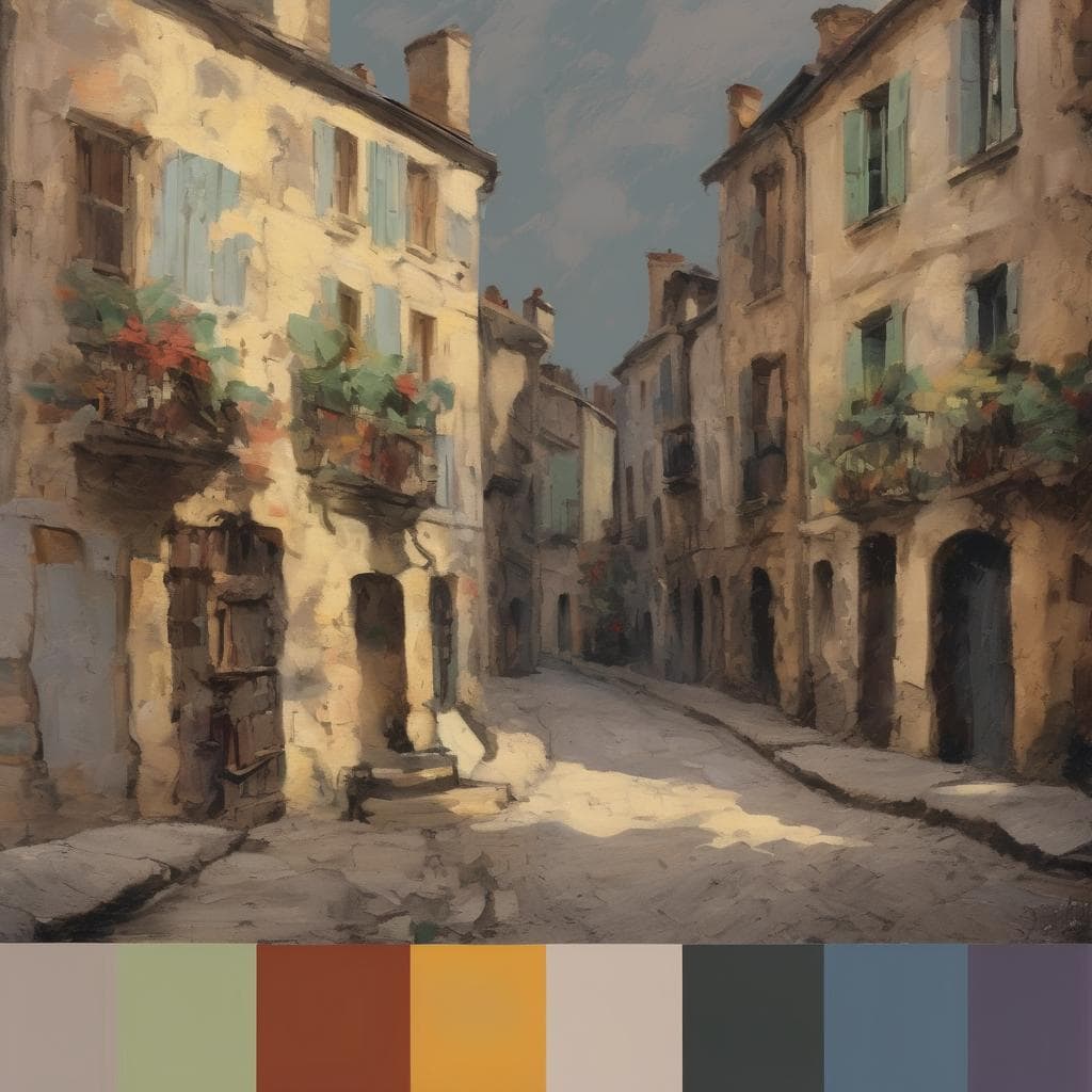Παλιό αστικό τοπίο εμπνευσμένο από ιμπρεσιονιστική ζωγραφική, έμφαση σε χρώματα και δομές.