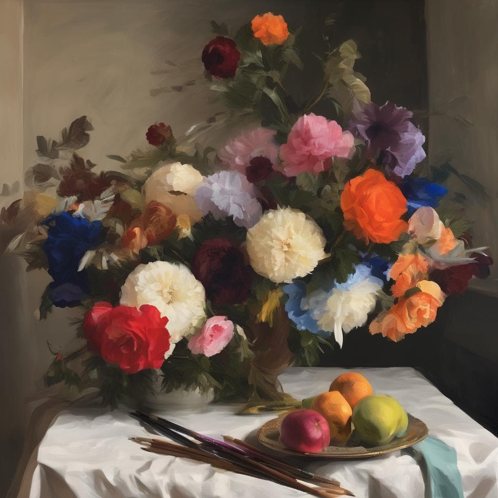 Ρομαντική ανθοστολισμένη σύνθεση με πολύχρωμα λουλούδια, ζωγραφική στον ρεαλισμό, τέχνη και ιμπρεσιονιστική τεχνική.