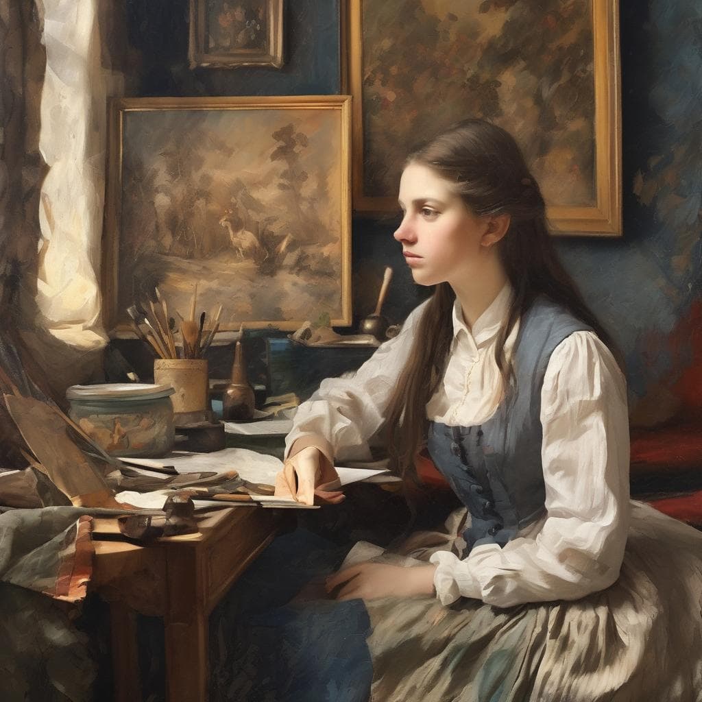 Γυναίκα ζωγράφος μέσα στο εργαστήρι, σε αναπαρασταση ιμπρεσιονιστικής τέχνης, με πίνακες και καλλιτεχνικά εργαλεία, εξέλιξη στην ιμπρεσιονιστική ζωγραφική.