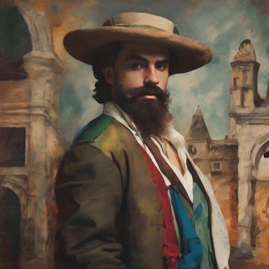 Ζωντανή εικόνα άνδρα με καπέλο και πολυχρωματικό ρούχο, εμπνευσμένη από ιμπρεσιονιστική ζωγραφική, ταξίδια και τέχνη.