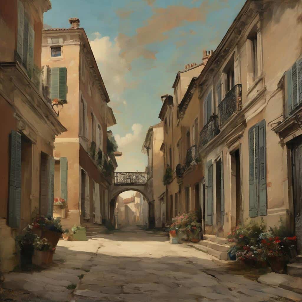 Γραφείο, η εξέλιξη της ιμπρεσιονιστικής ζωγραφικής σε μια γαλλική μικρή πόλη. Νεαροί καλλιτέχνες και δρόμοι με παραδοσιακή αρχιτεκτονική.