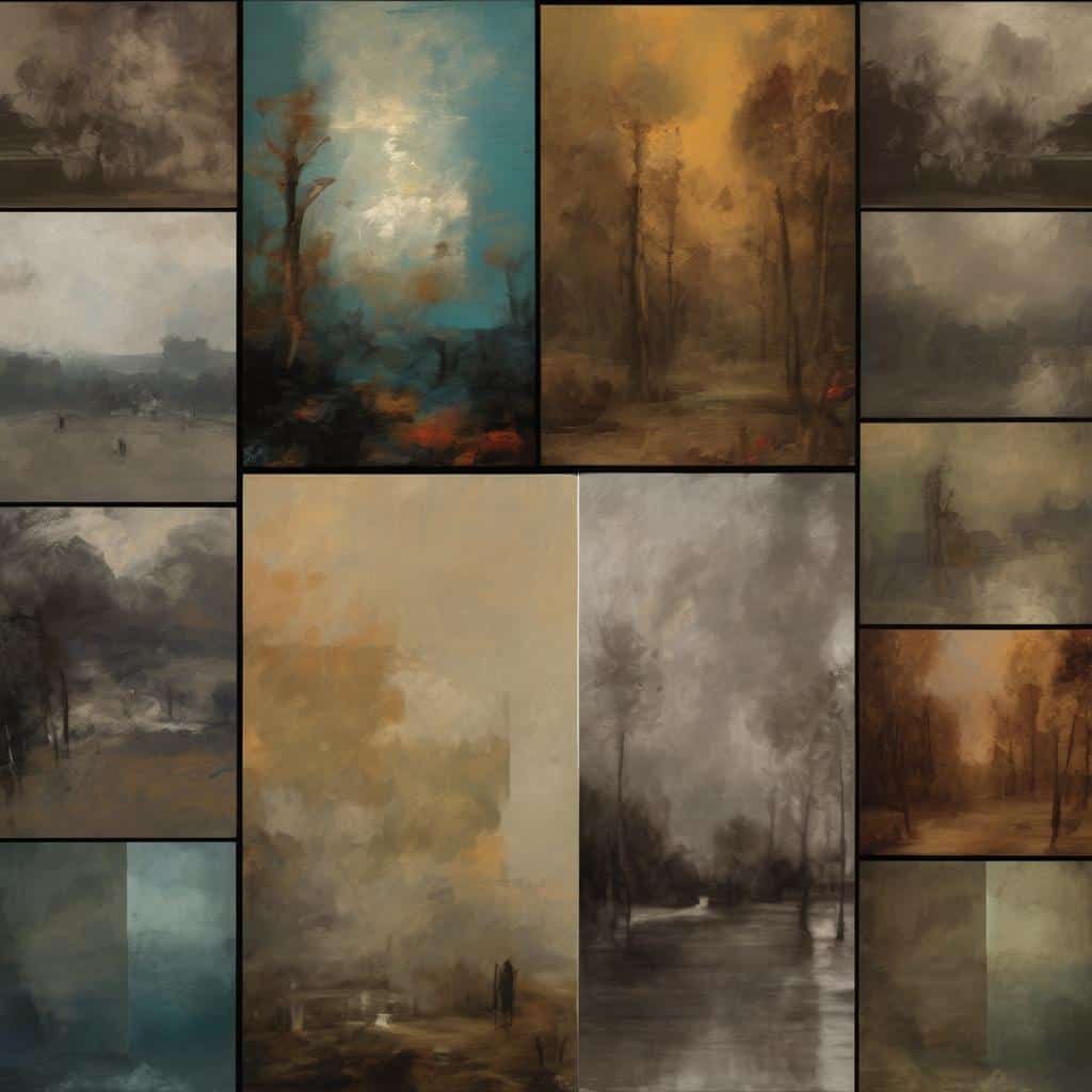 Οπτική αναπαράσταση της εξέλιξης στην ιμπρεσιονιστική ζωγραφική με φυσικά τοπία σε εποχές καιρού.